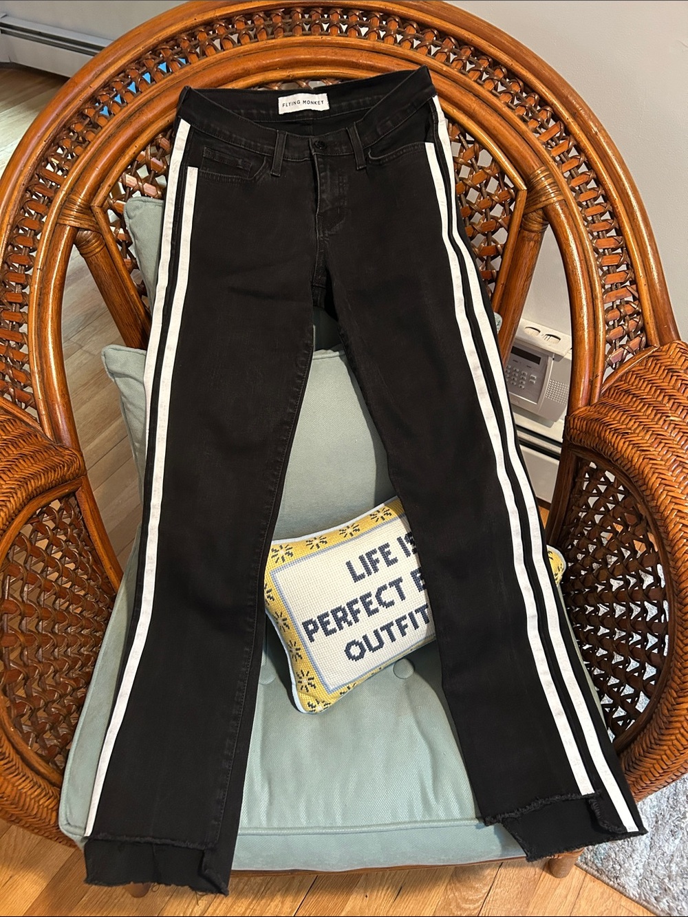 Flying Monkey Black Jeans with White Side Stripes — Flare Wide Leg